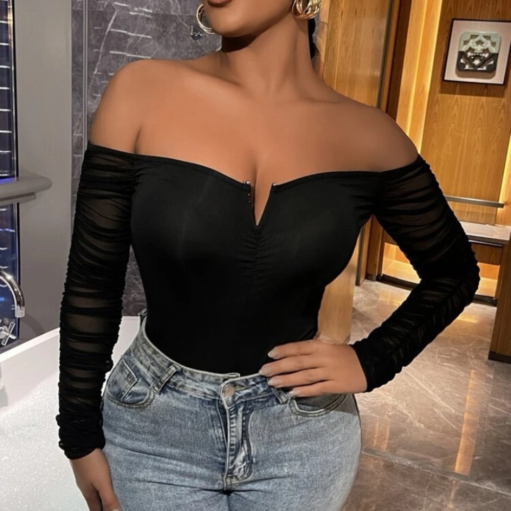 SXY Notched Mesh-sleeve Ruched Back Bardot Top